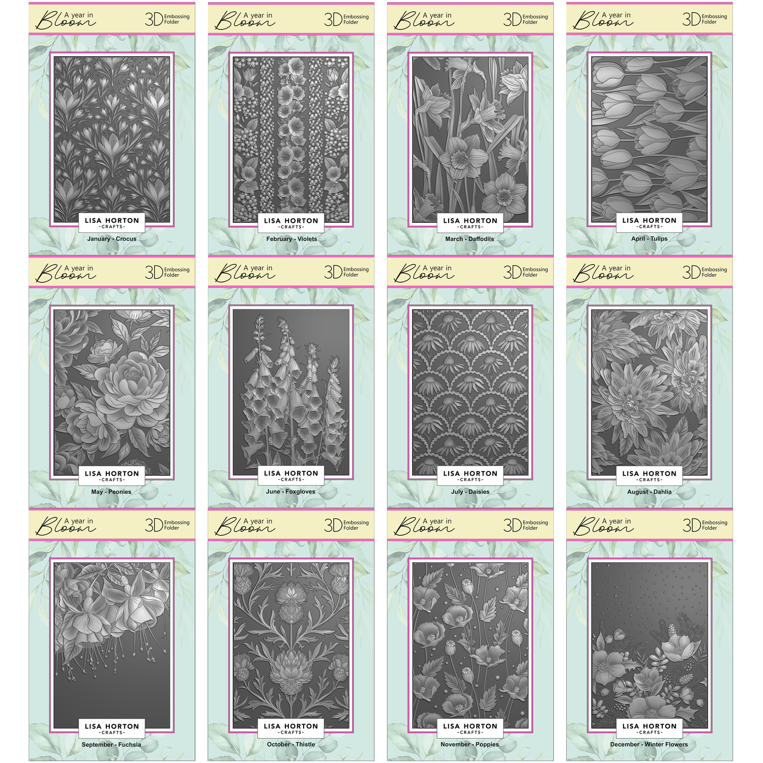 Lisa Horton Crafts 'A Year In Bloom' - Set of 12 5” x 7” 3D Embossing Folders