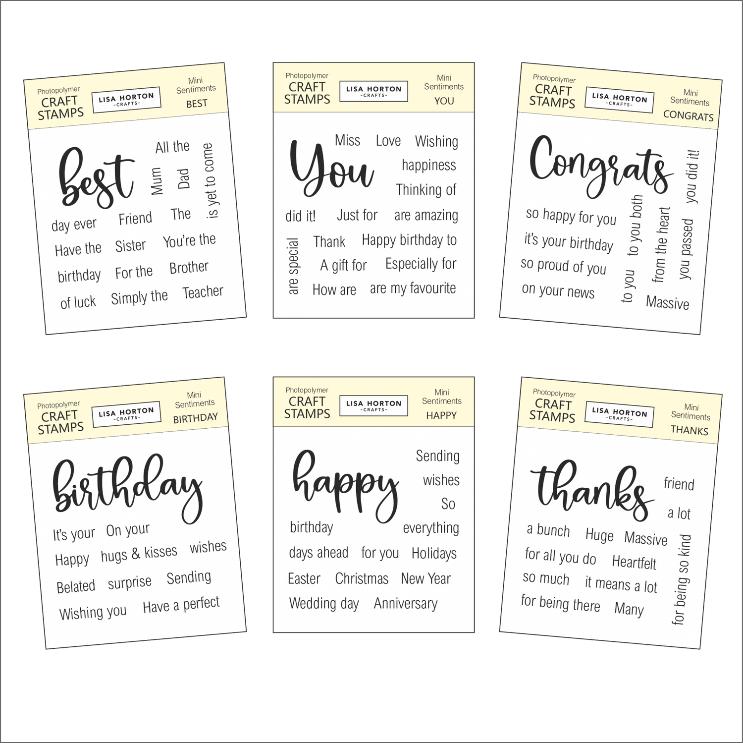 Lisa Horton Mini Sentiments - Complete Set of 6 Stamps