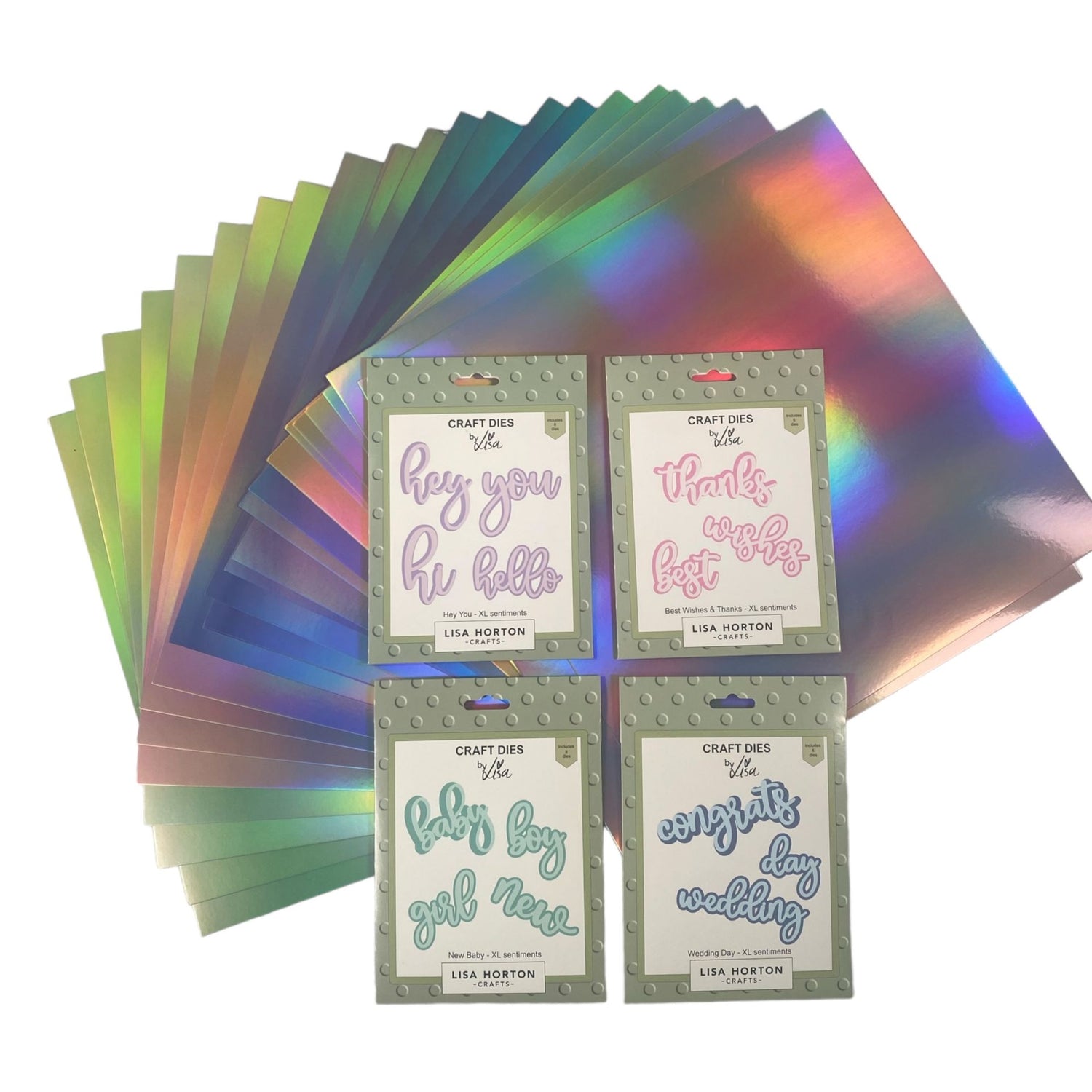 Lisa Horton Crafts Set of 4 XL Sentiment Dies and 12 x 12 Rainbow Holographic Cardstock